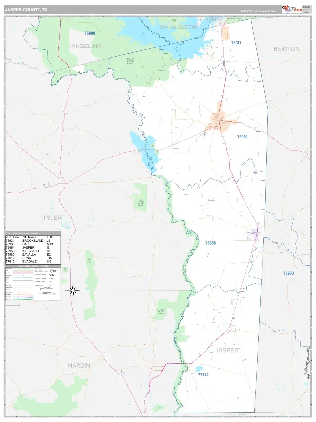 Jasper County, TX ZIP Code Wall Map, Classic style