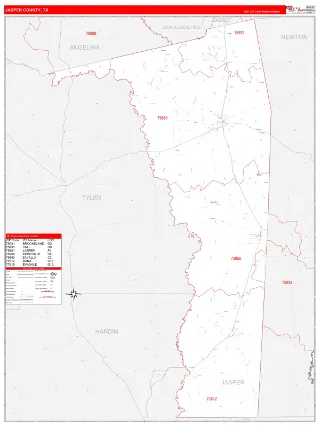 Jasper County, TX RedLine style ZIP Code wall map