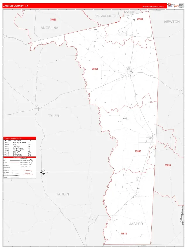Jasper County, TX ZIP Code Wall Map, RedLine style