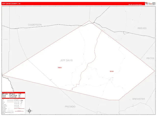 Jeff Davis County, TX ZIP Code Wall Map, RedLine style