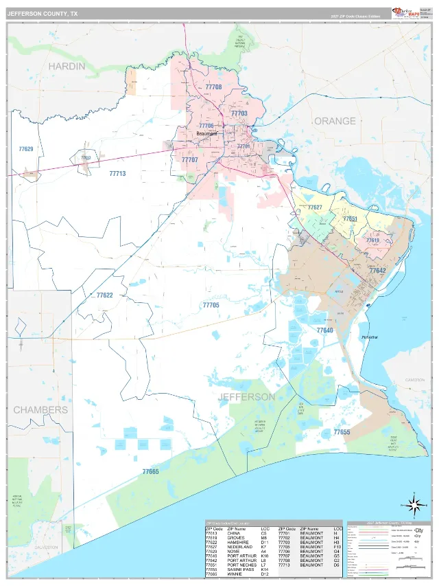 Jefferson County, TX ZIP Code Wall Map, Classic style