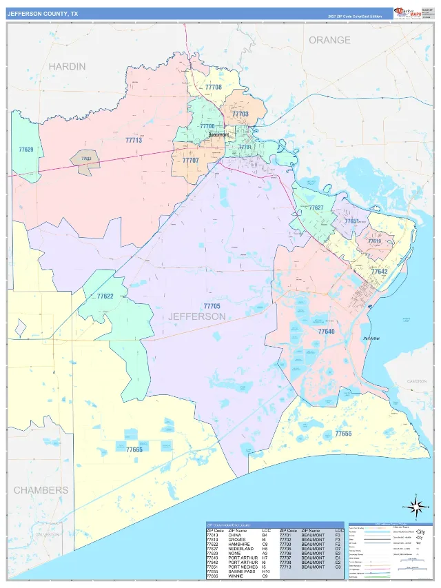 Jefferson County, TX ZIP Code Wall Map, ColorCast style