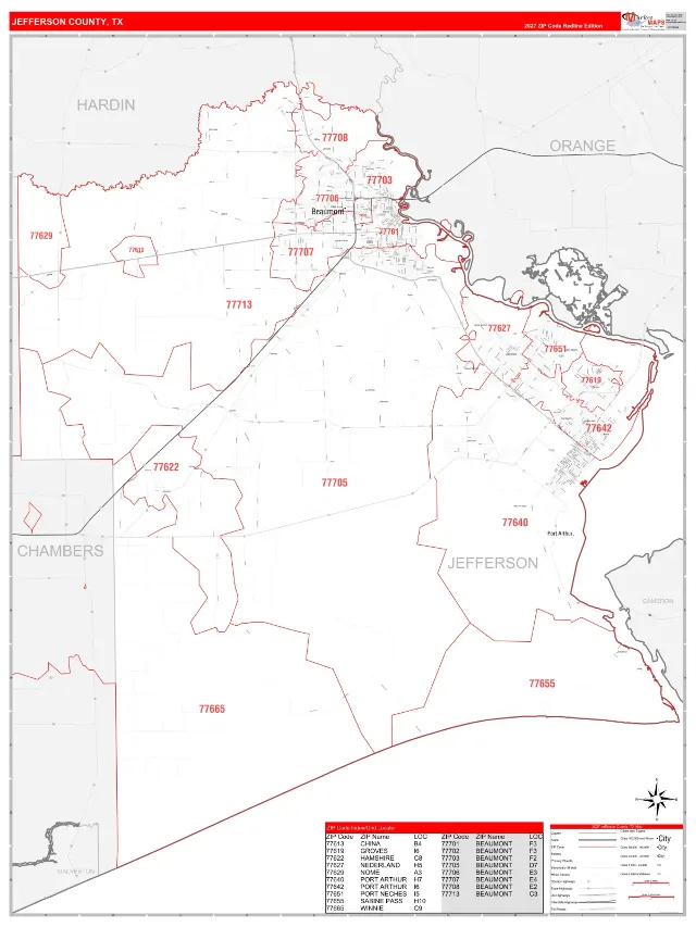 Jefferson County, TX ZIP Code Wall Map, RedLine style