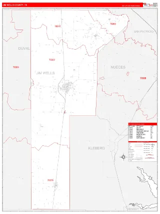 Jim Wells County, TX RedLine style ZIP Code wall map