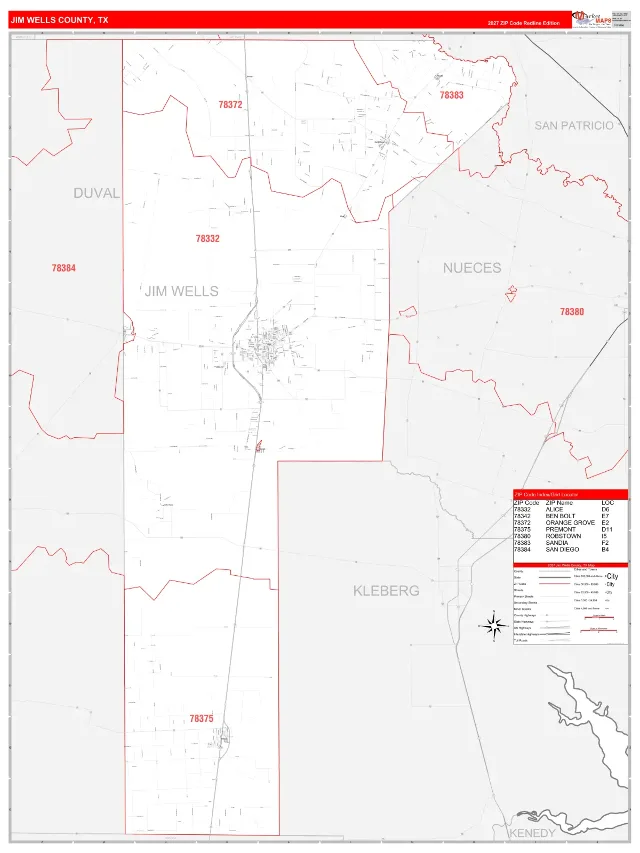 Jim Wells County, TX ZIP Code Wall Map, RedLine style