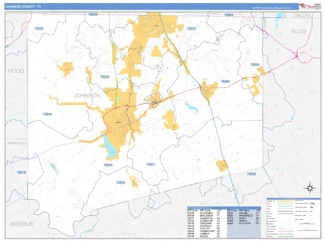Johnson County, TX ZIP Code Wall Map, Business Reference style