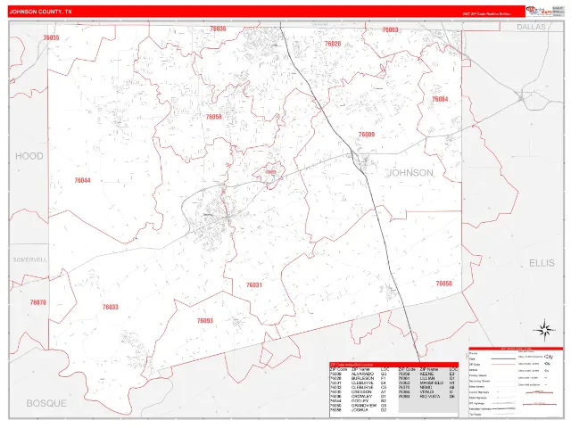Johnson County, TX ZIP Code Wall Map, RedLine style