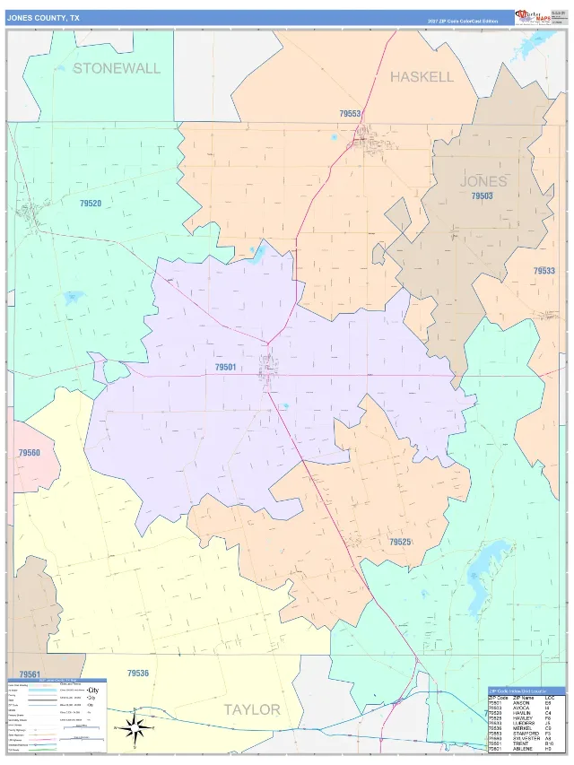 Jones County, TX ZIP Code Wall Map, ColorCast style