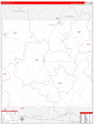 Jones County, TX RedLine style ZIP Code wall map