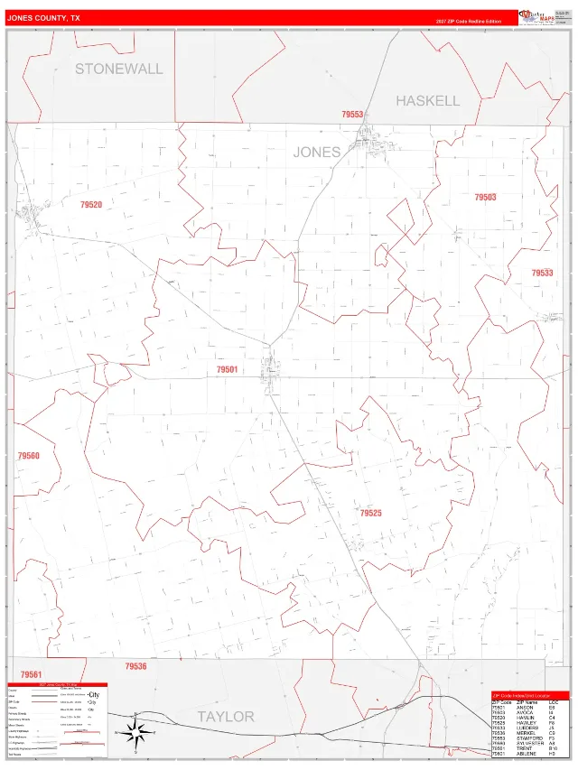 Jones County, TX ZIP Code Wall Map, RedLine style
