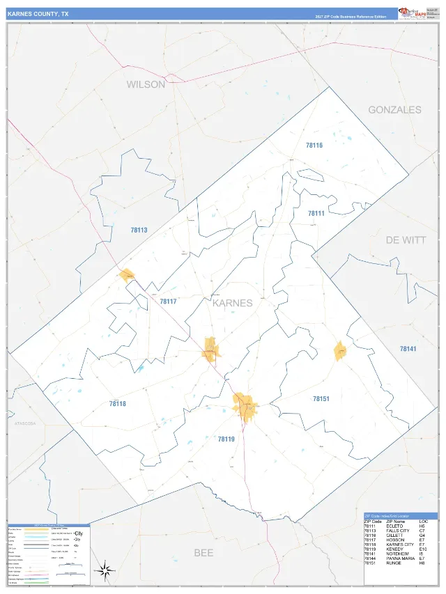 Karnes County, TX ZIP Code Wall Map, Business Reference style
