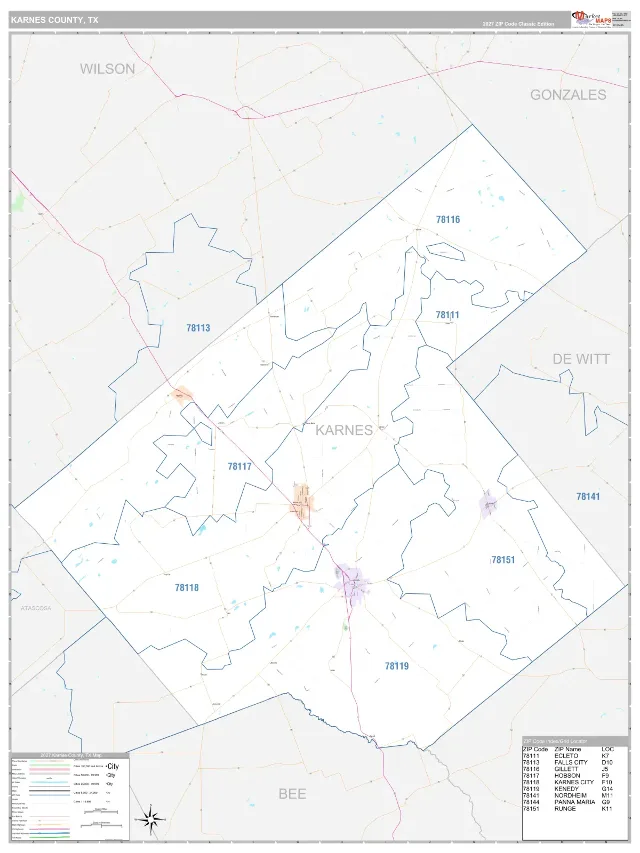 Karnes County, TX ZIP Code Wall Map, Classic style