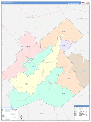 Karnes County, TX ColorCast style ZIP Code wall map