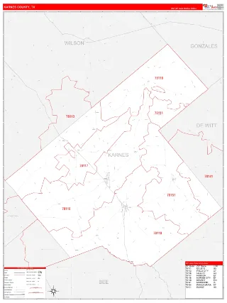Karnes County, TX RedLine style ZIP Code wall map