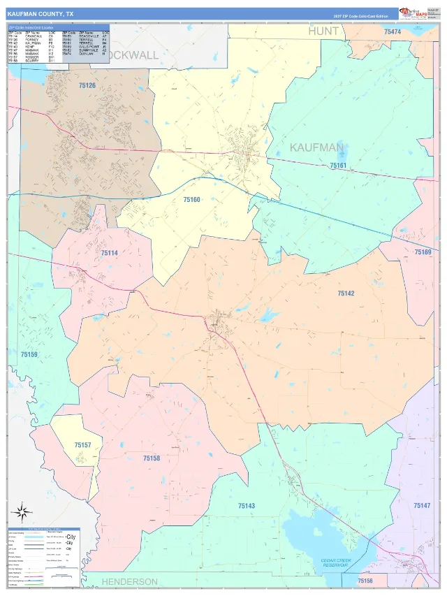 Kaufman County, TX ZIP Code Wall Map, ColorCast style