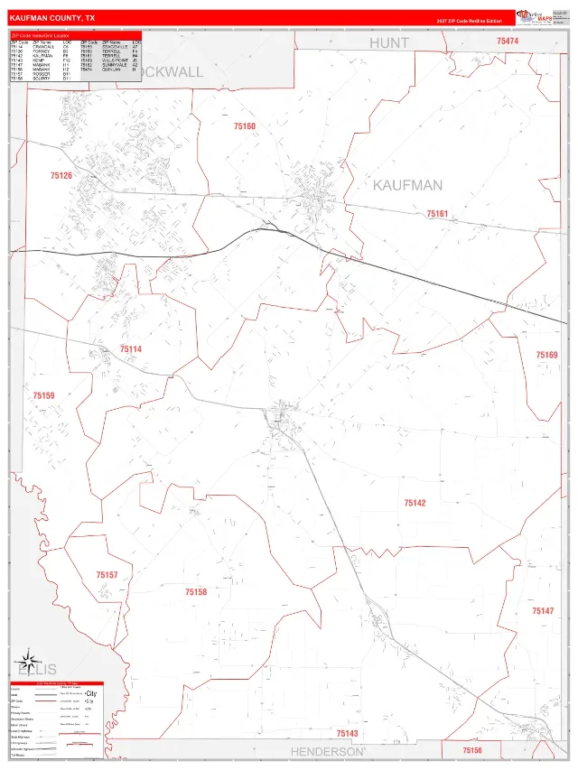 Kaufman County, TX ZIP Code Wall Map, RedLine style