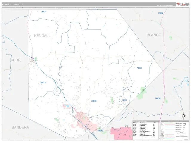 Kendall County, TX ZIP Code Wall Map, Classic style