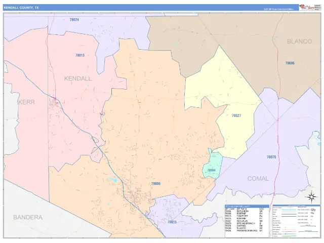 Kendall County, TX ZIP Code Wall Map, ColorCast style