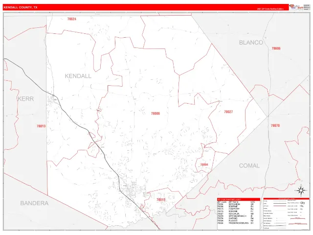 Kendall County, TX ZIP Code Wall Map, RedLine style