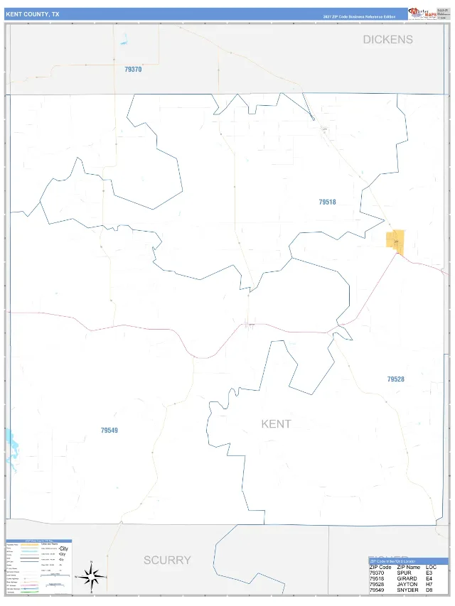 Kent County, TX ZIP Code Wall Map, Business Reference style