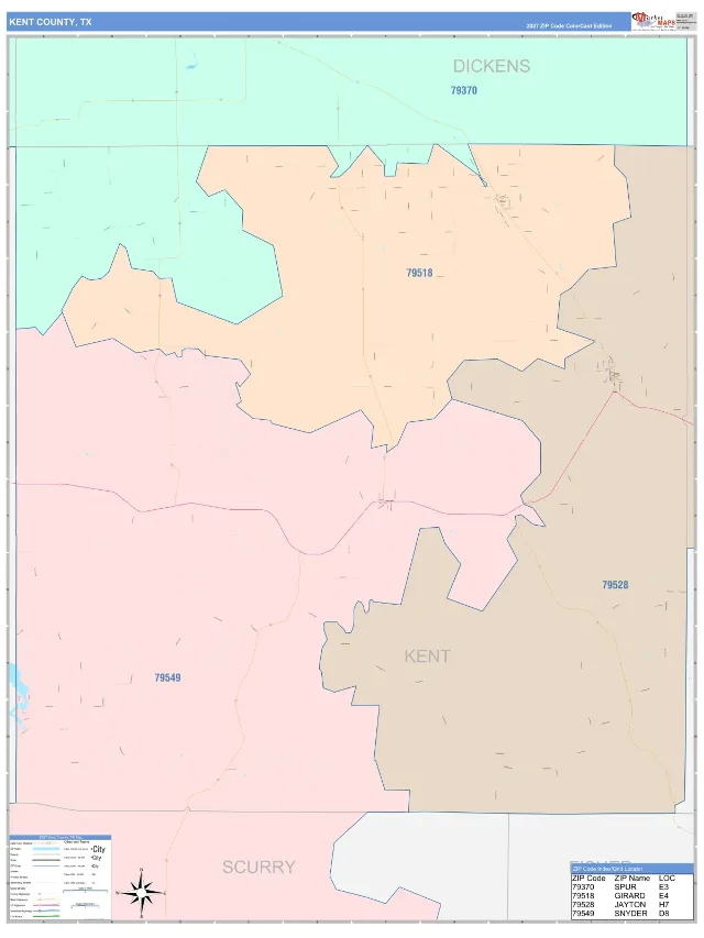 Kent County, TX ZIP Code Wall Map, ColorCast style