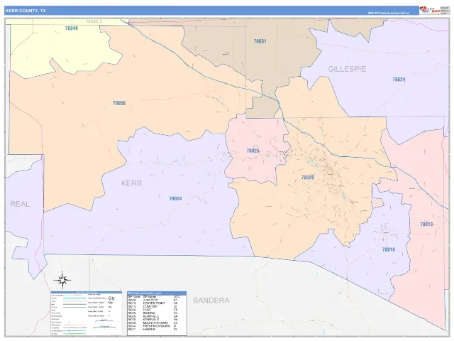 Kerr County, TX ZIP Code Wall Map, ColorCast style