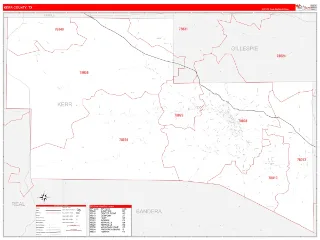 Kerr County, TX RedLine style ZIP Code wall map