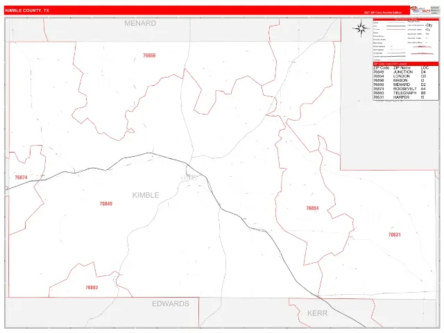 Kimble County, TX ZIP Code Wall Map, RedLine style