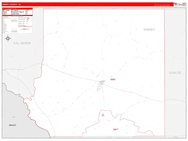 Kinney County, TX ZIP Code Wall Map, RedLine style