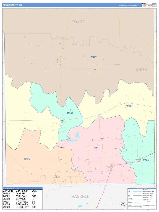 Knox County, TX ZIP Code Wall Map, ColorCast style