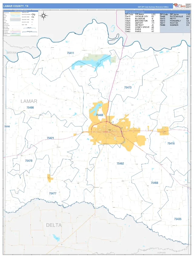 Lamar County, TX ZIP Code Wall Map, Business Reference style