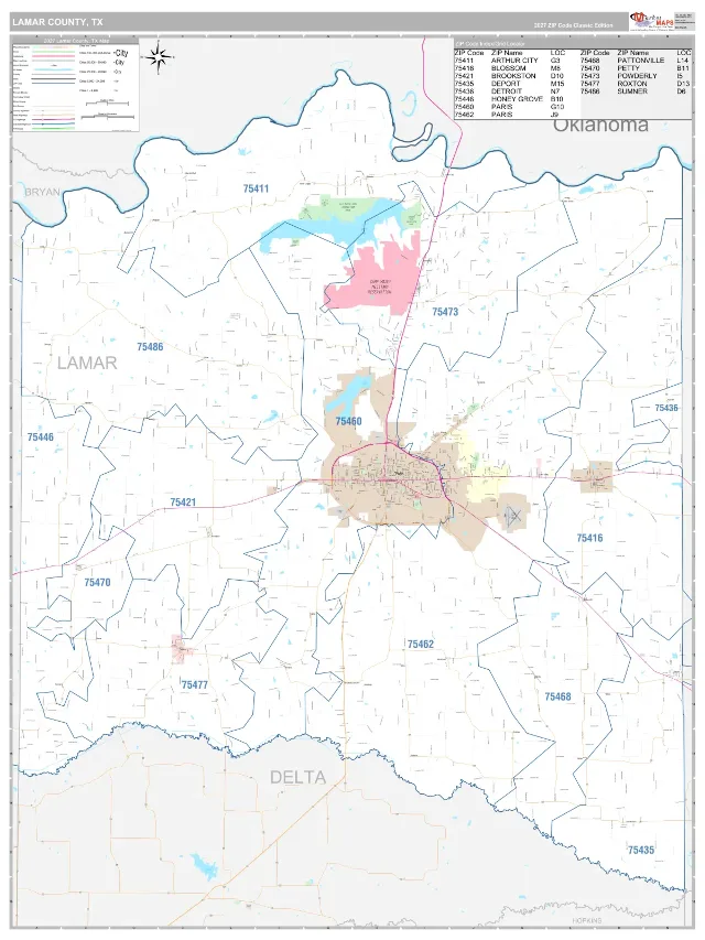 Lamar County, TX ZIP Code Wall Map, Classic style