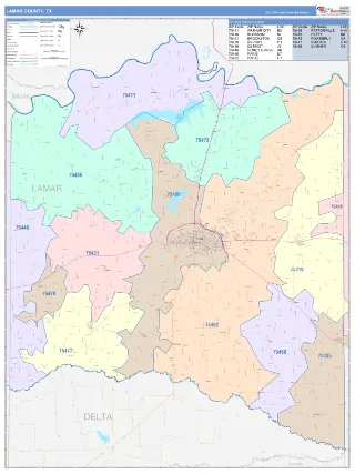 Lamar County, TX ColorCast style ZIP Code wall map