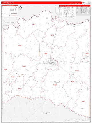 Lamar County, TX RedLine style ZIP Code wall map