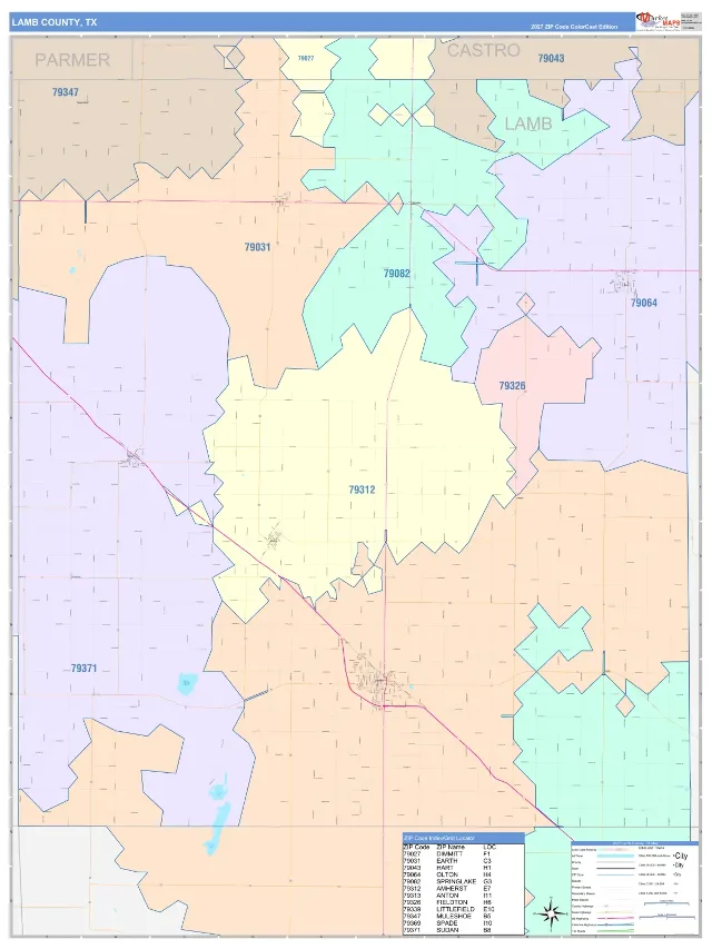 Lamb County, TX ZIP Code Wall Map, ColorCast style