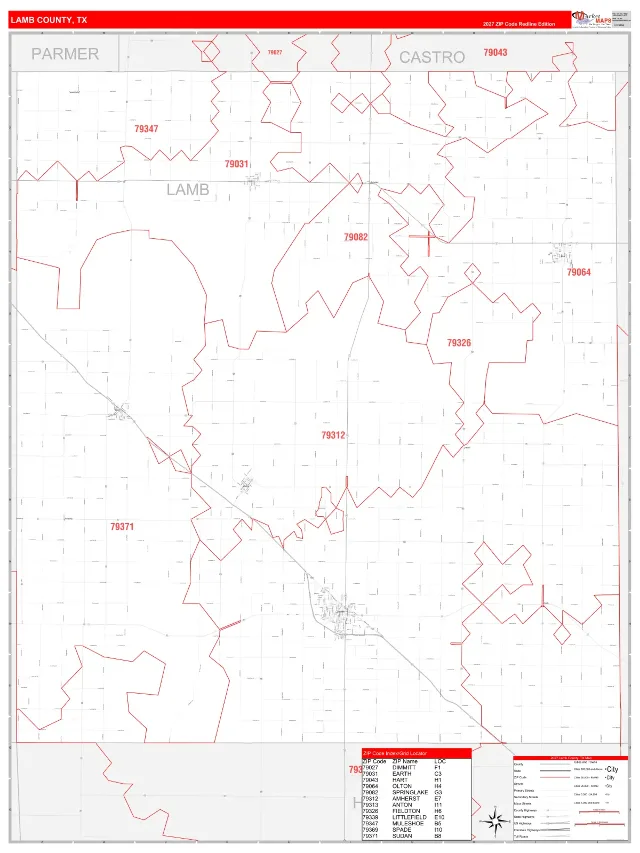 Lamb County, TX ZIP Code Wall Map, RedLine style
