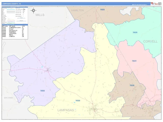 Lampasas County, TX ZIP Code Wall Map, ColorCast style