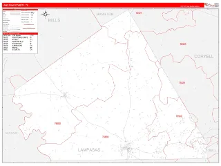 Lampasas County, TX RedLine style ZIP Code wall map