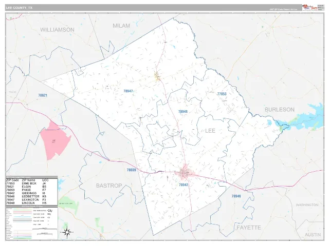 Lee County, TX ZIP Code Wall Map, Classic style