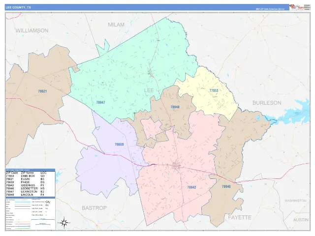 Lee County, TX ZIP Code Wall Map, ColorCast style