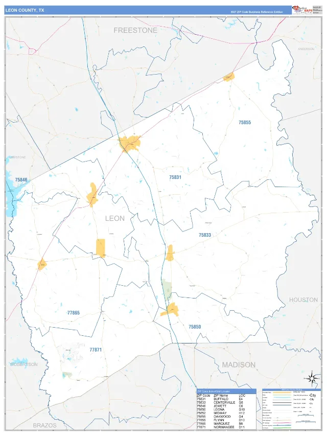 Leon County, TX ZIP Code Wall Map, Business Reference style
