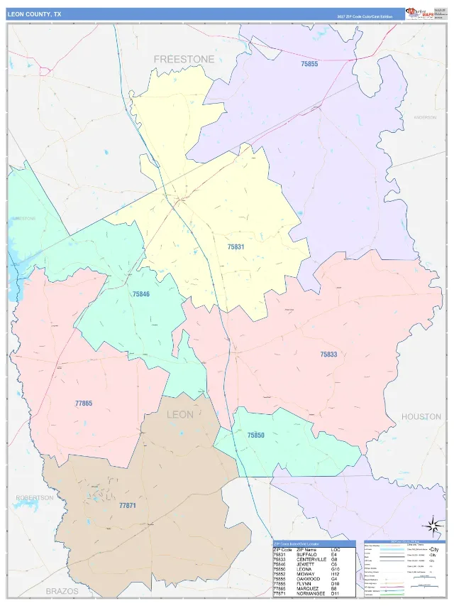 Leon County, TX ZIP Code Wall Map, ColorCast style