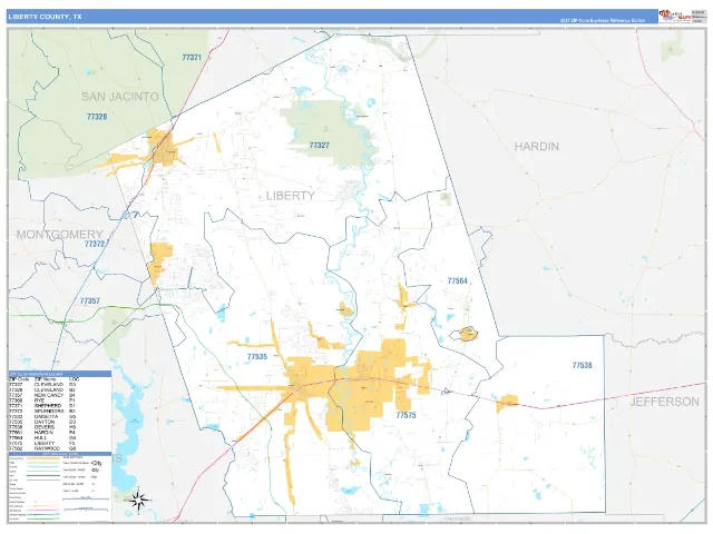 Liberty County, TX ZIP Code Wall Map, Business Reference style