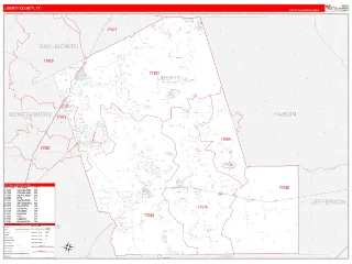 Liberty County, TX RedLine style ZIP Code wall map