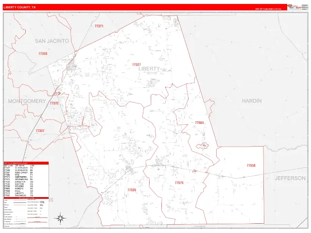 Liberty County, TX ZIP Code Wall Map, RedLine style