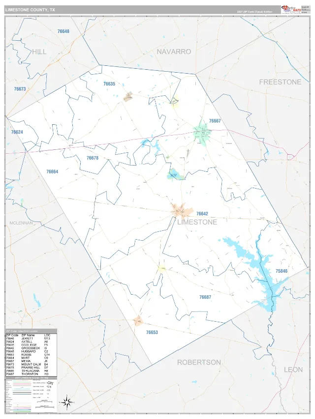 Limestone County, TX ZIP Code Wall Map, Classic style