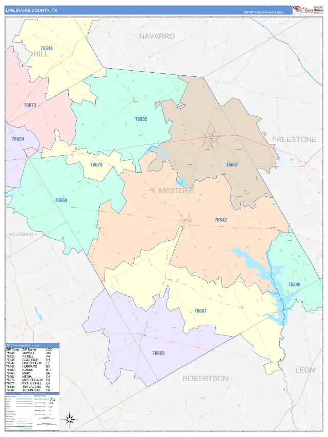 Limestone County, TX ZIP Code Wall Map, ColorCast style