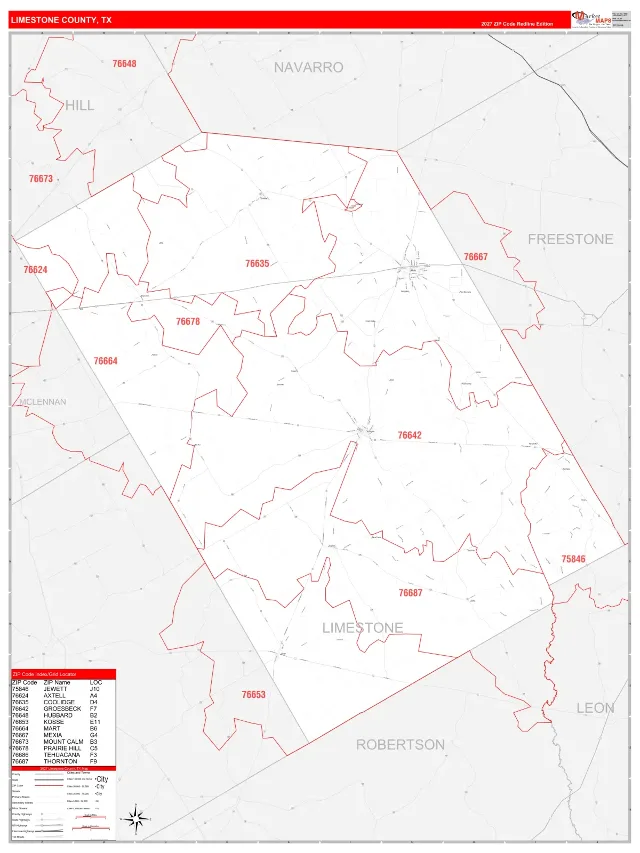 Limestone County, TX ZIP Code Wall Map, RedLine style