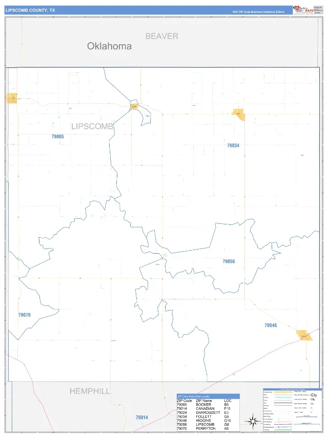 Lipscomb County, TX ZIP Code Wall Map, Business Reference style