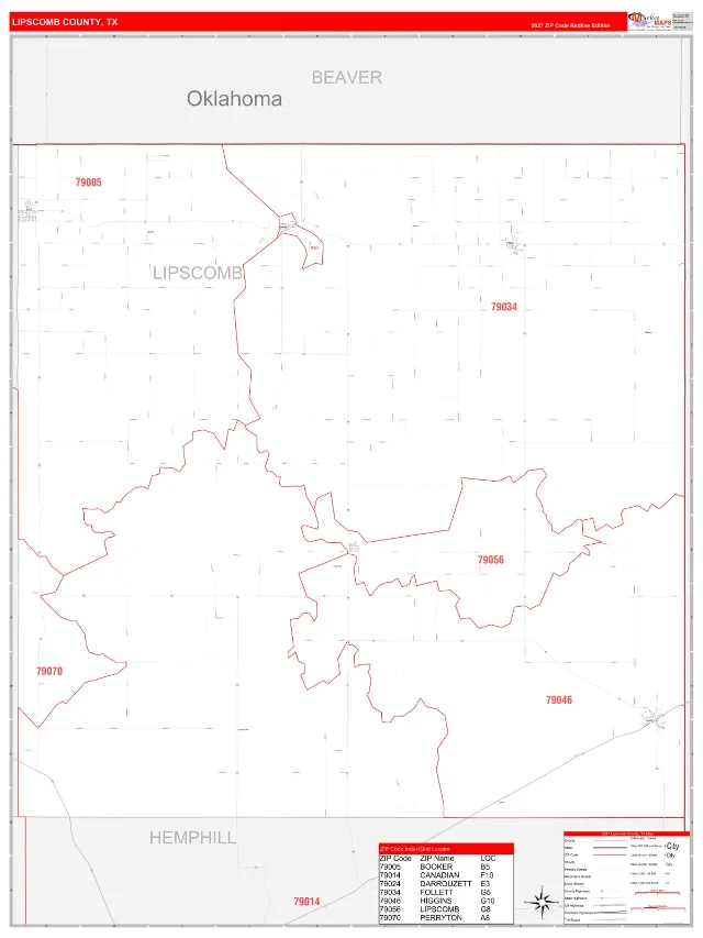 Lipscomb County, TX ZIP Code Wall Map, RedLine style